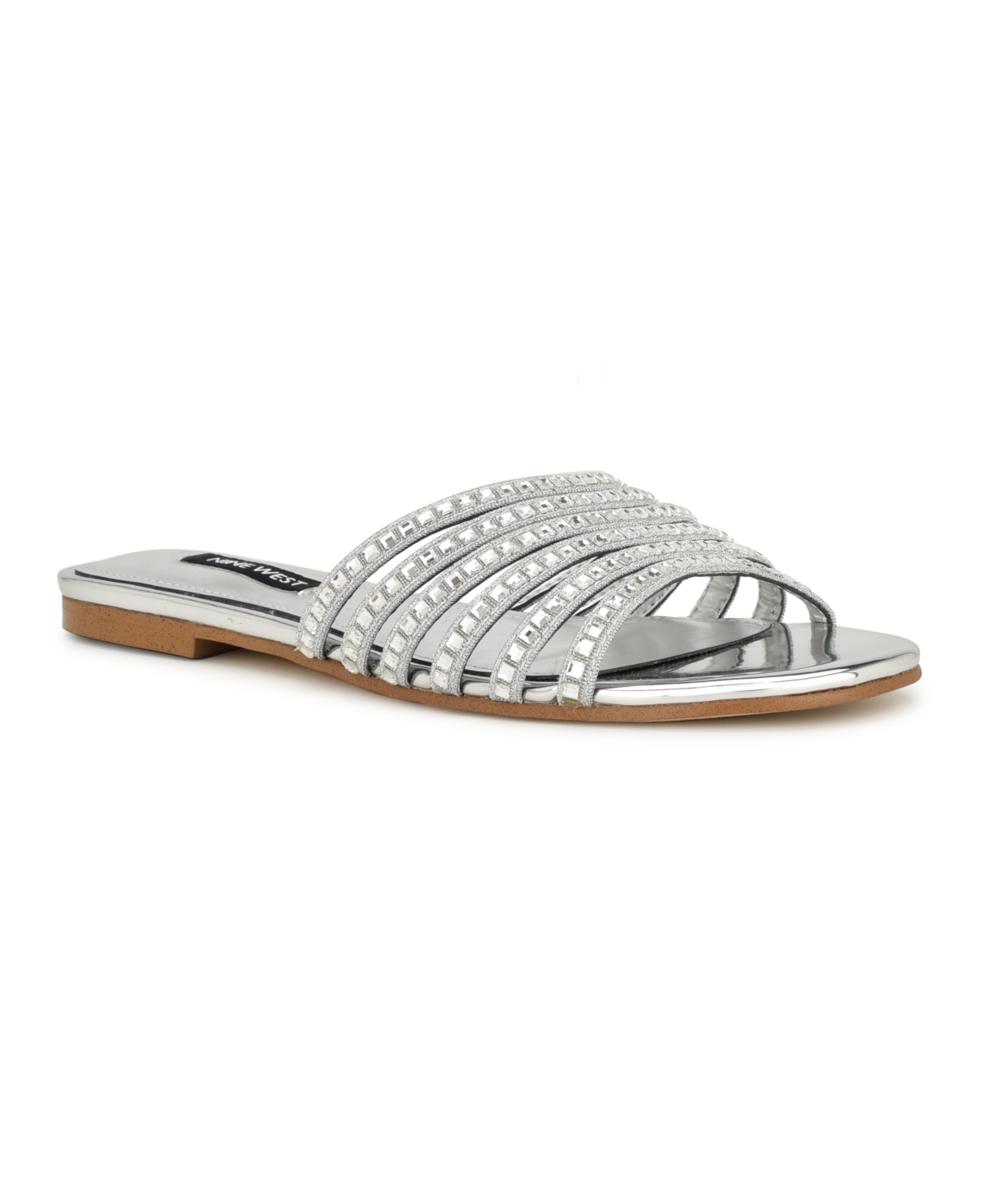 Nine West Women's Lacee Slip-on Strappy Embellished Flat Sandals In Silver
