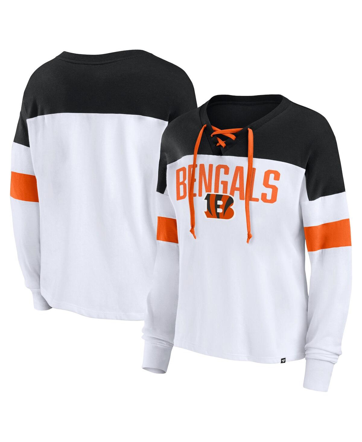 Fanatics Women's  Branded White, Black Cincinnati Bengals Even Match Long Sleeve Lace-up V-neck T-shi In White,black