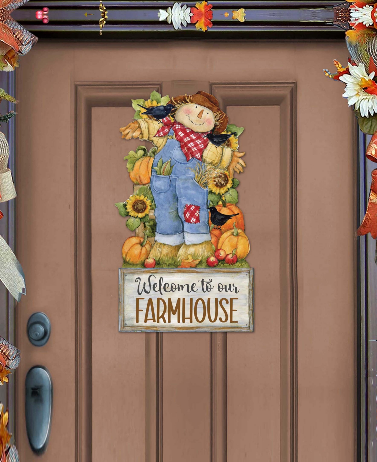 Designocracy Holiday Door Decor Wall Decor Harvest Scarecrow Wooden Welcome Sign S. Winget In Multi Color