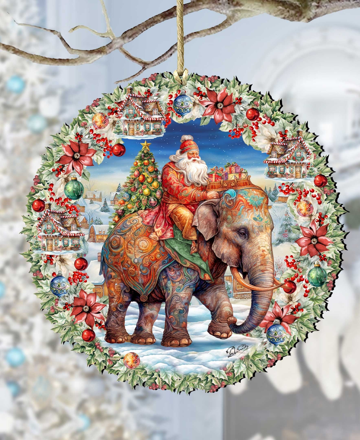 Designocracy Santa On Elephant Wreath Christmas Wooden Ornaments Holiday Decor G. Debrekht In Multi Color