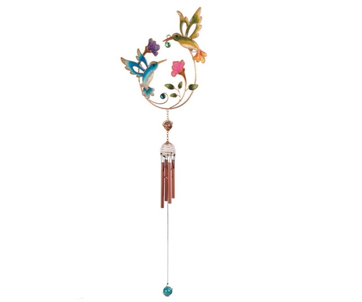 32" Long Blue Bird and Green Bird Copper and Gem Wind Chime - Multi