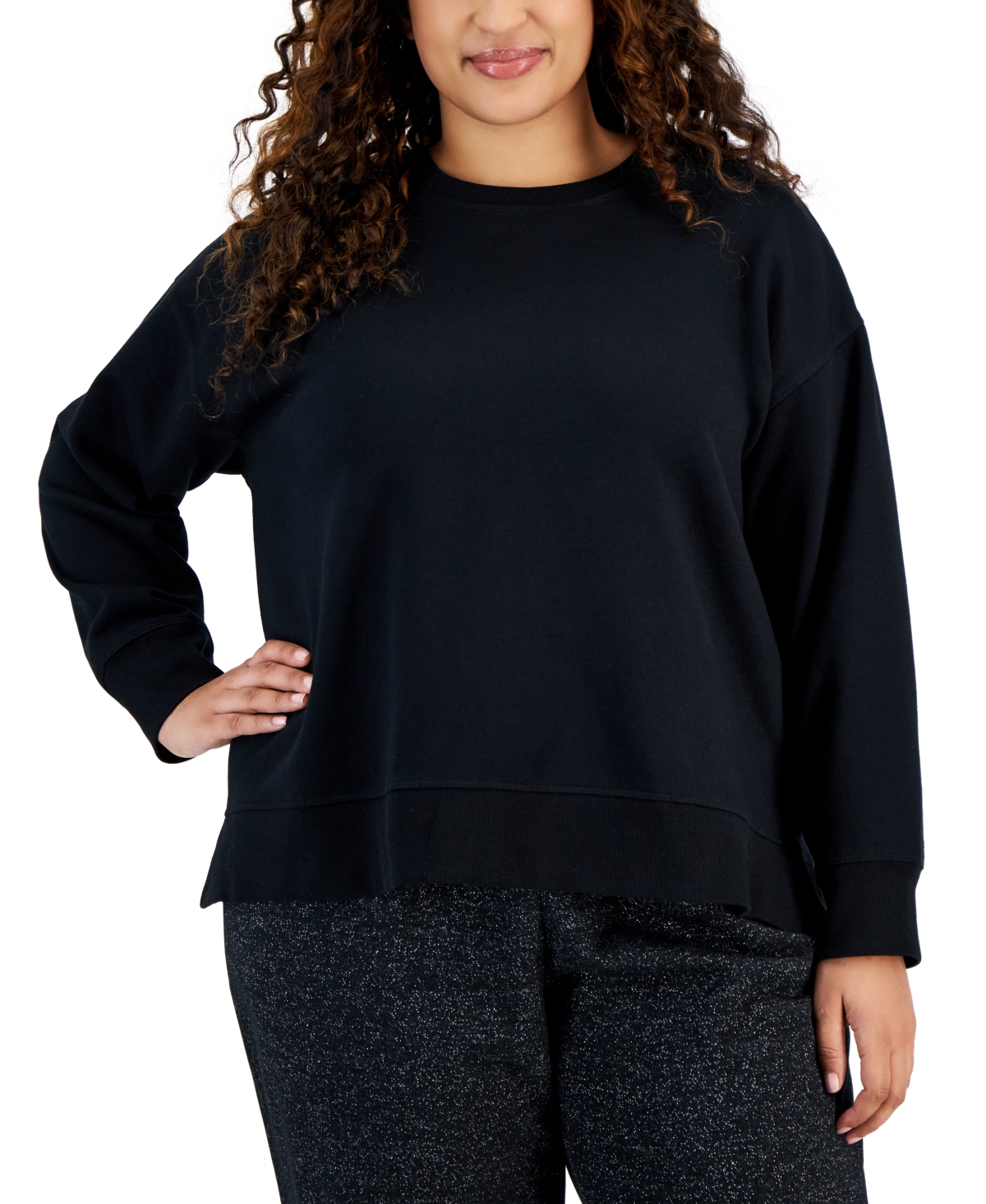 Plus Size Dropped-Shoulder Sweatshirt, Created for Macy's - Deep Black