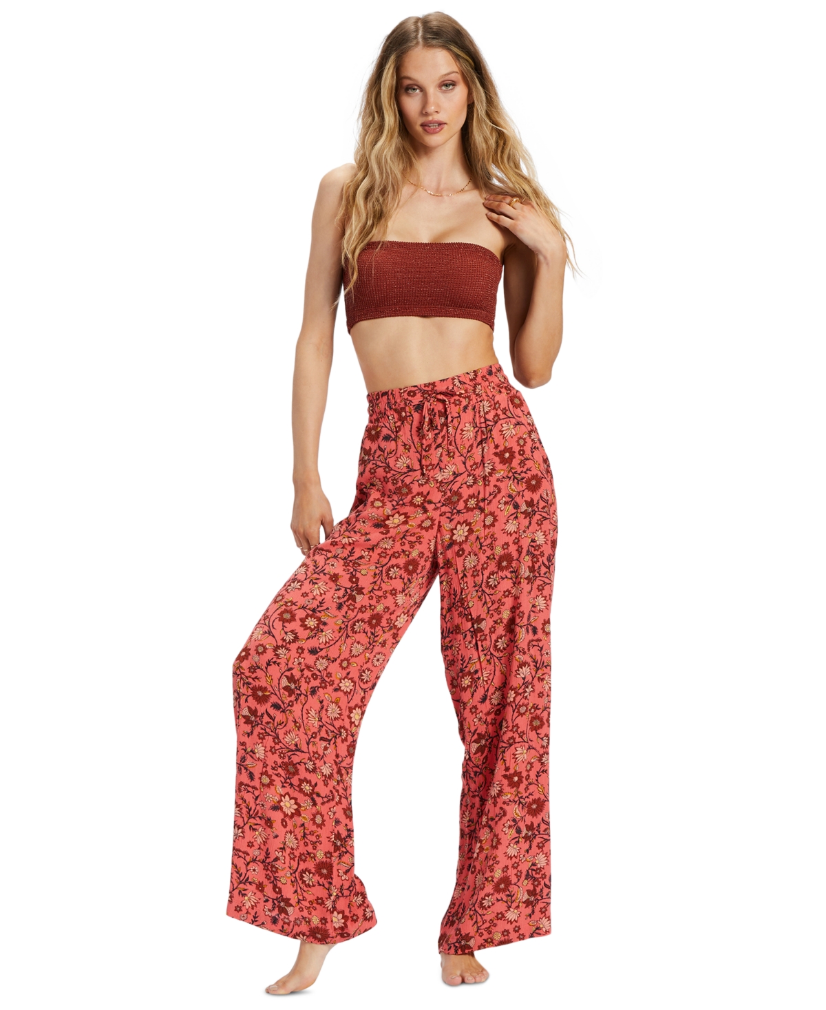 Billabong Juniors' Sun Rays Crinkled Tie-front Pull-on Side-pocket Pants In Hibiscus