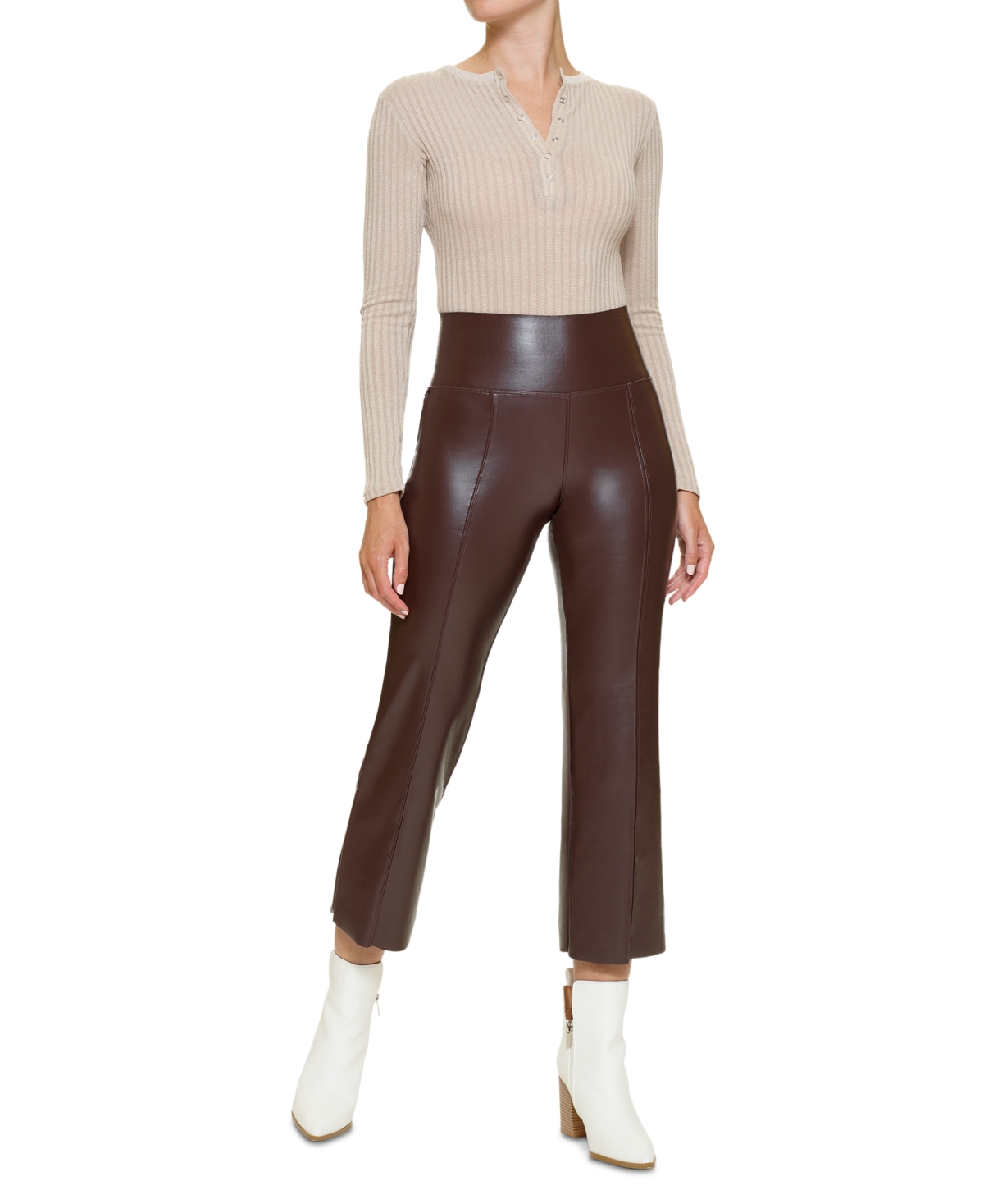 Women's Cropped Flared Faux-Leather Leggings - Chocolate Brown