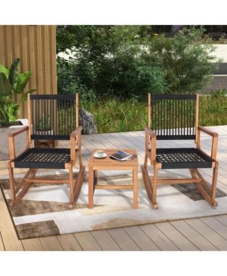 3pcs Patio Acacia Wood Bistro Table Rocking Chair Set All-Weather Rope Outdoor