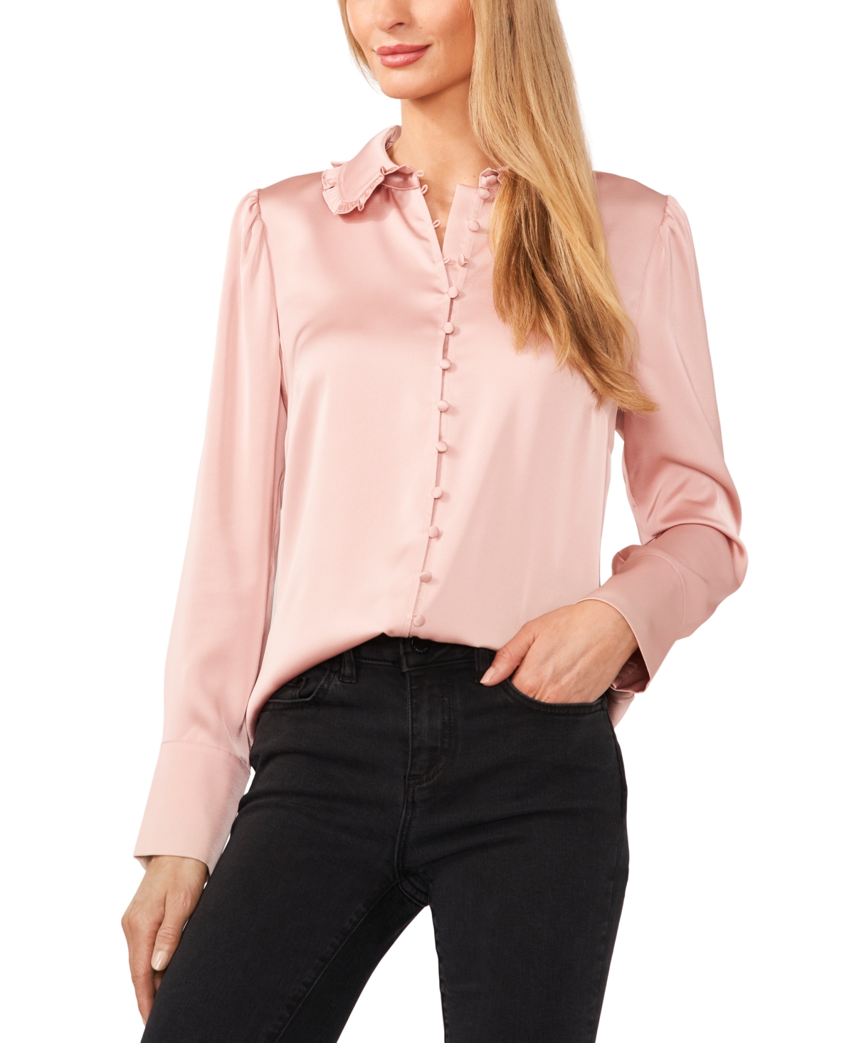 1930s Blouses, Tops, Shirt Styles | History CeCe Womens Ruffle-Collar Button-Front Blouse - Misty Pink $50.56 AT vintagedancer.com