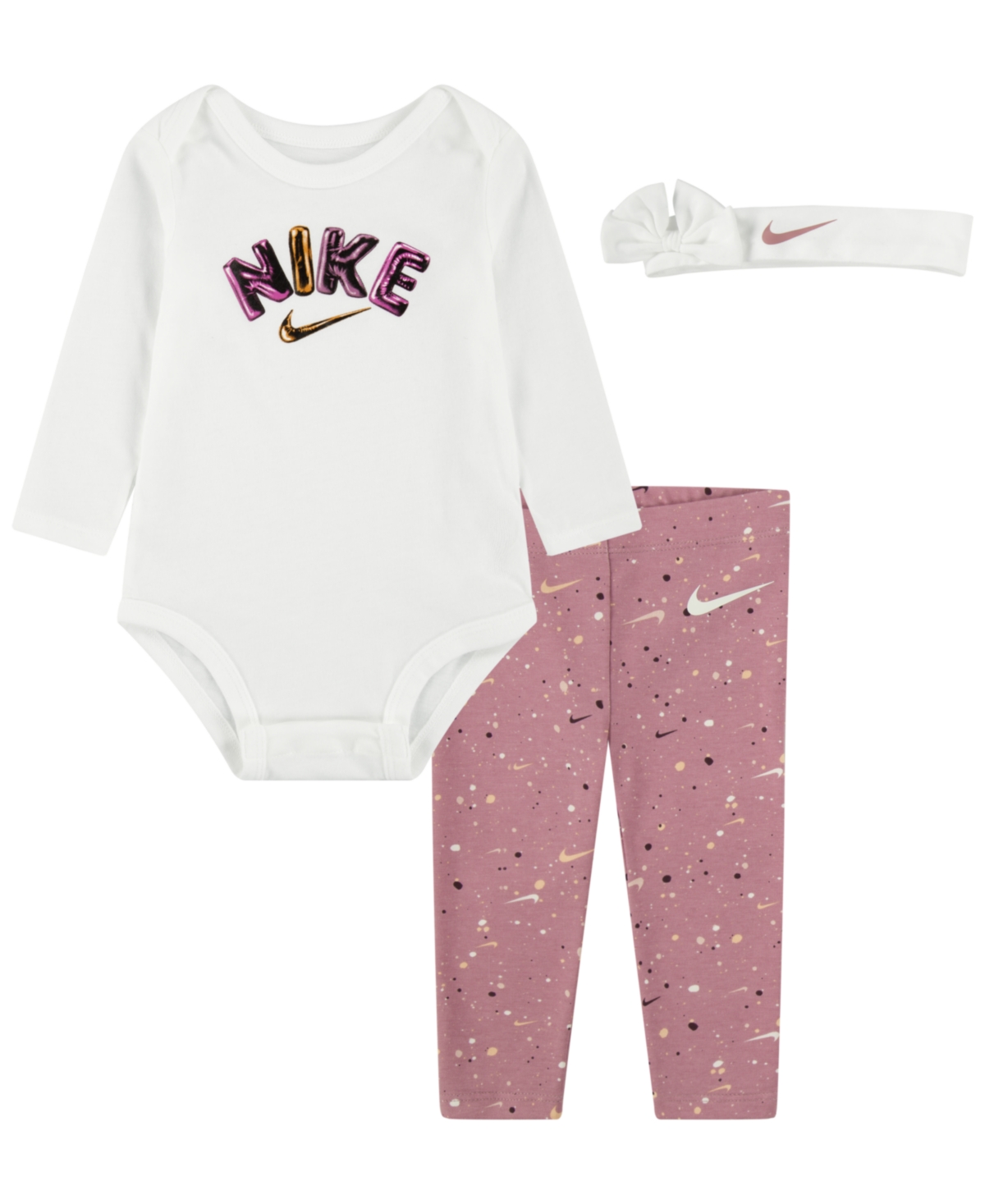Nike Kids' Baby Girls Swoosh Party Bodysuit, Leggings And Headband, 3 Piece Set In Elemental Pink