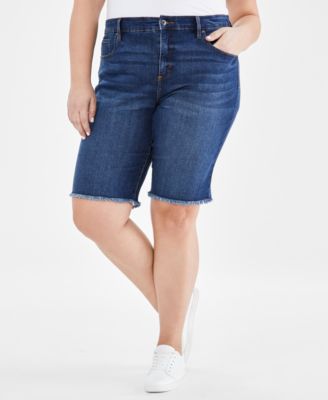 Plus Size Denim Raw-Edge Bermuda Shorts