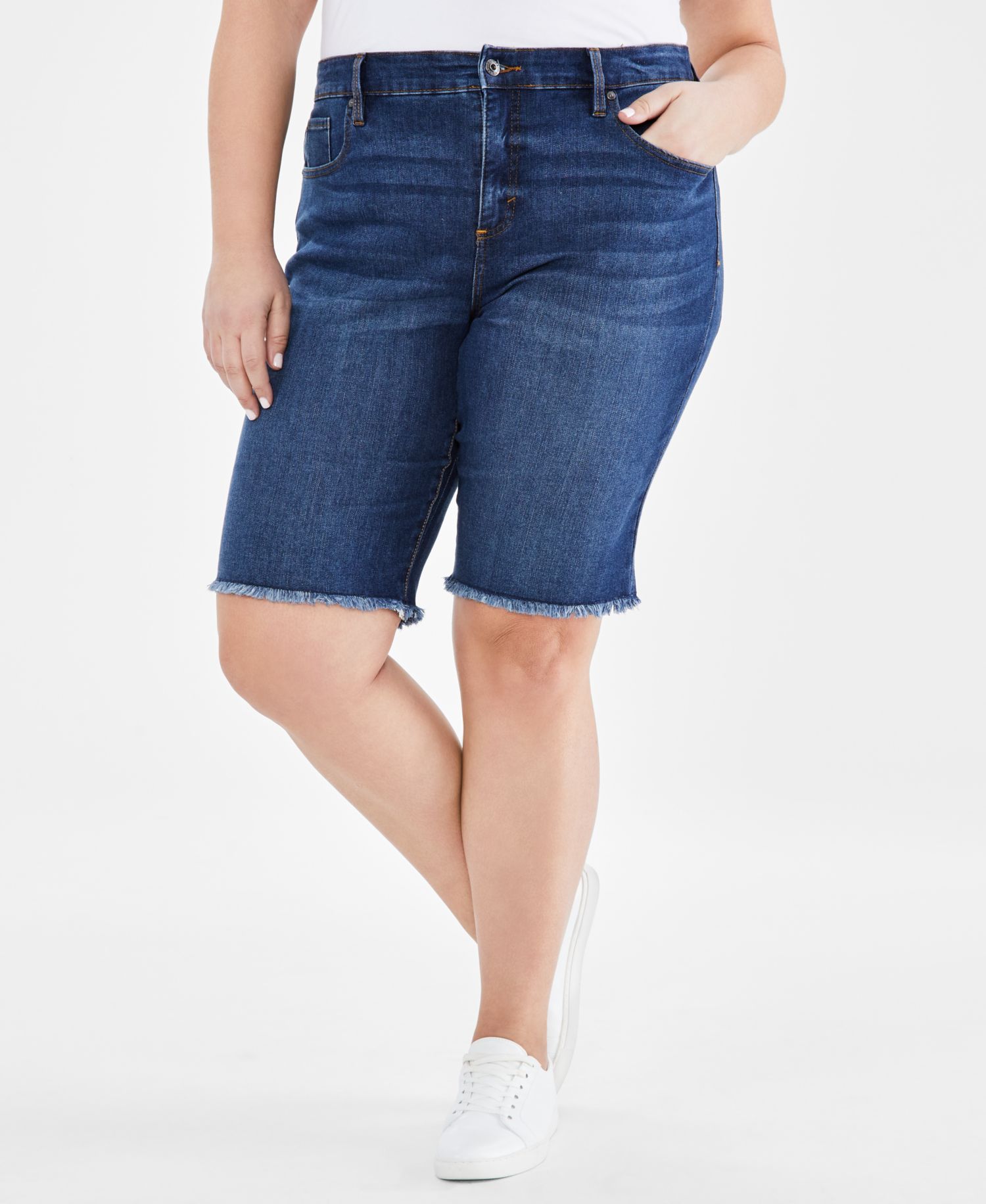 Plus Size Mid-Rise Raw-Edge Bermuda Jean Shorts