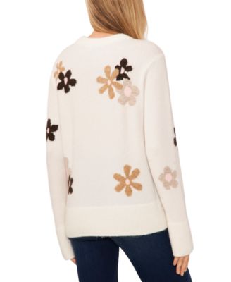Women's Crewneck Flower Patterned Knit Long-Sleeve Sweater