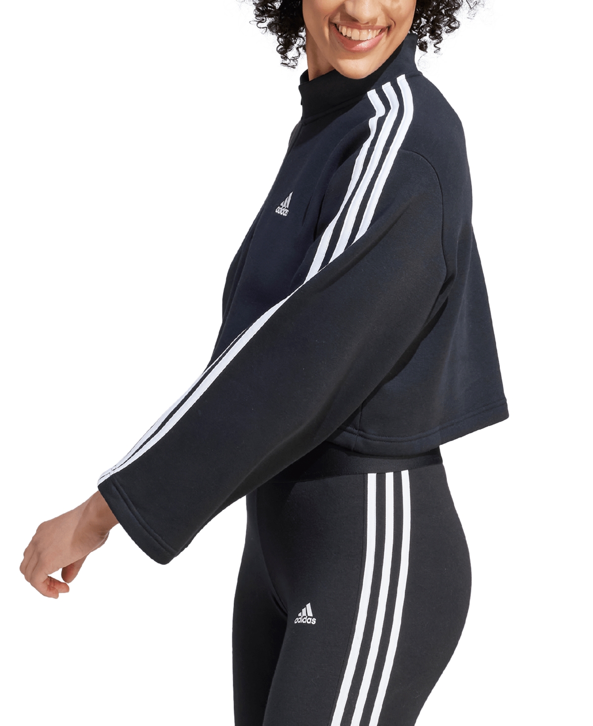 Adidas Originals Women's Fleece Quarter-zip 3-striped Cropped Sweatshirt In Black