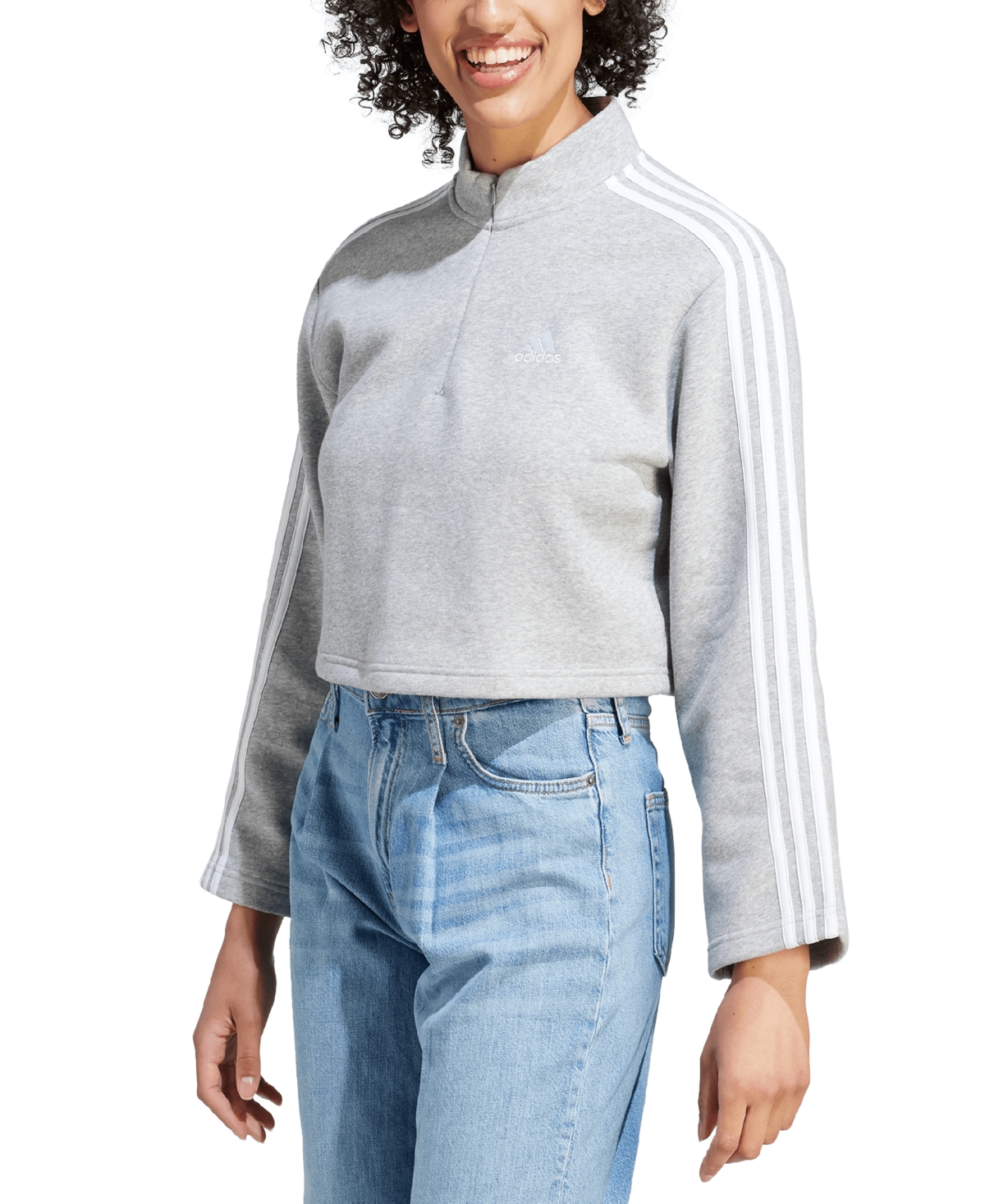 Adidas Originals Women's Fleece Quarter-zip 3-striped Cropped Sweatshirt In Med Grey