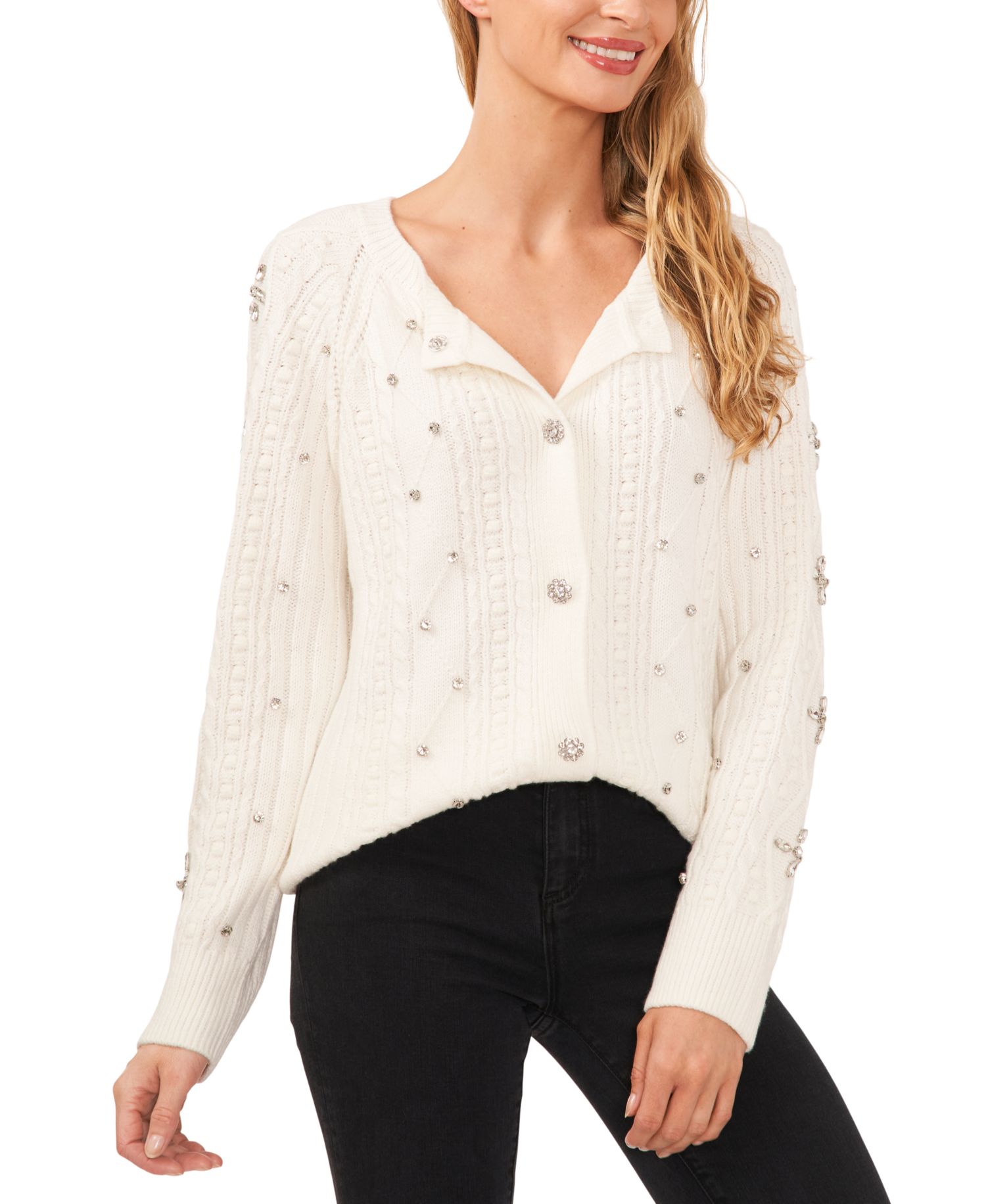 Women's Cable-Knit Rhinestone Cardigan
