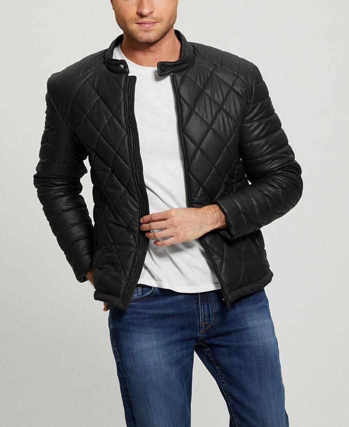 GUESS Men's Stretch Faux Leather Biker Collar Jacket - Macy's