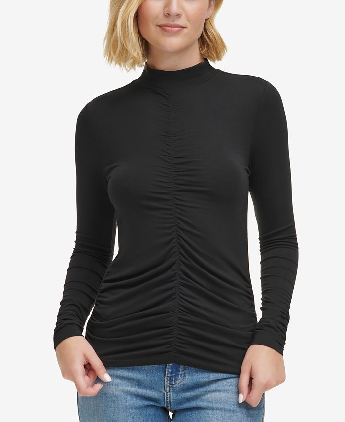 Calvin Klein Jeans Women's Mock-Neck Shirred-Front Top - Macy's