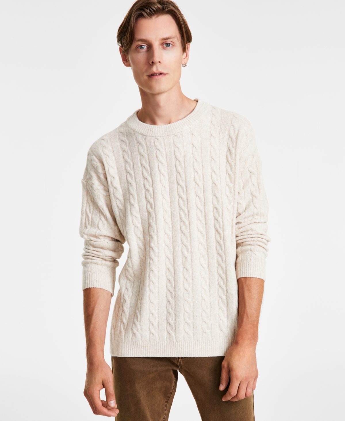 And Now This Men's Regular-fit Cable-knit Crewneck Sweater, Created For Macy's In Oatmeal Heather