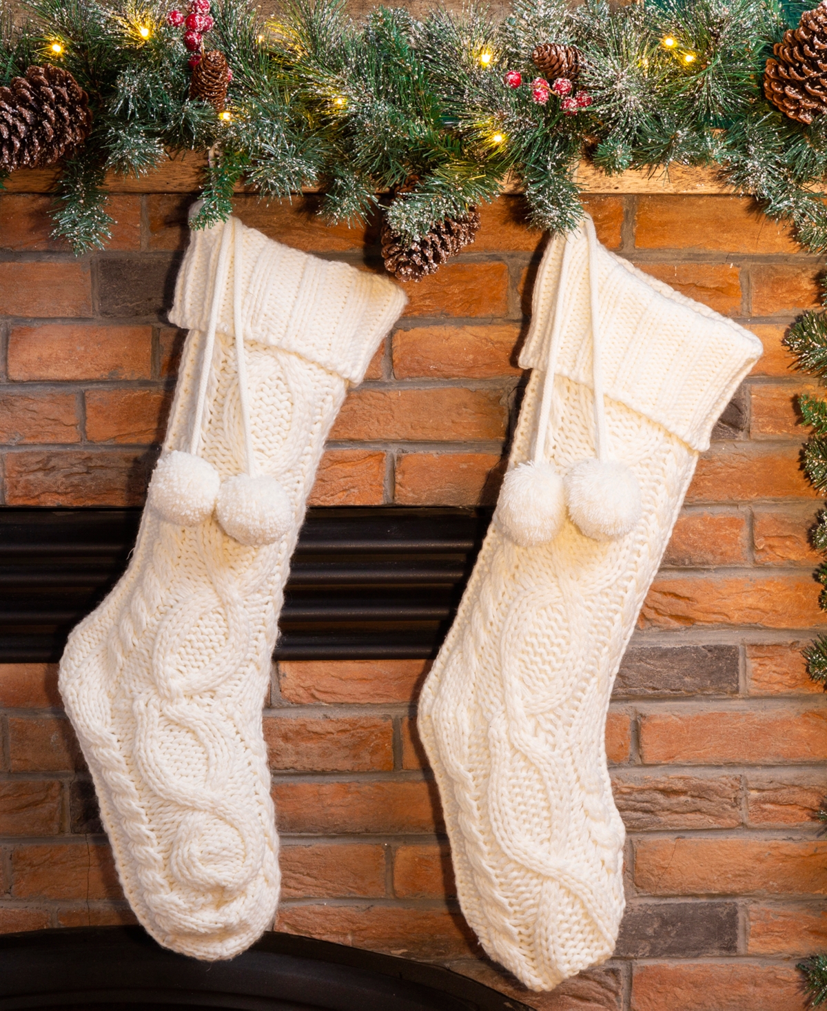 Glitzhome 2 Pack L Knitted Polyester Christmas Stocking with Pom Pom Ball
