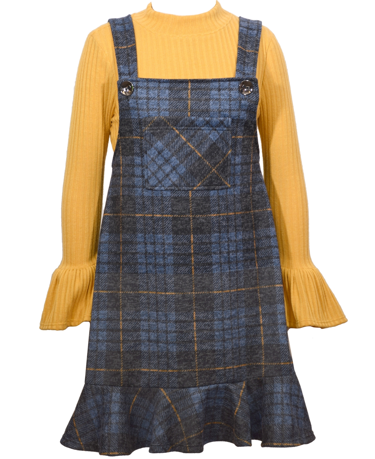 Bonnie Jean Big Girls Plaid Jacquard Knit Jumper With Flounce And Ribbed Mock Neck Shirt, 2 Piece In Mustard