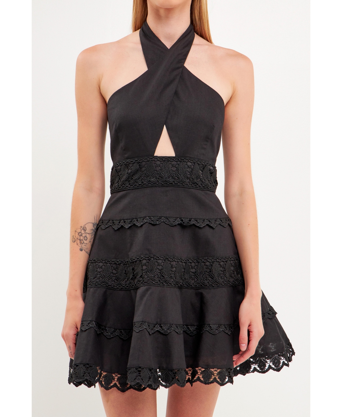 Endless Rose Halter Neck Lace Trim Dress In Black