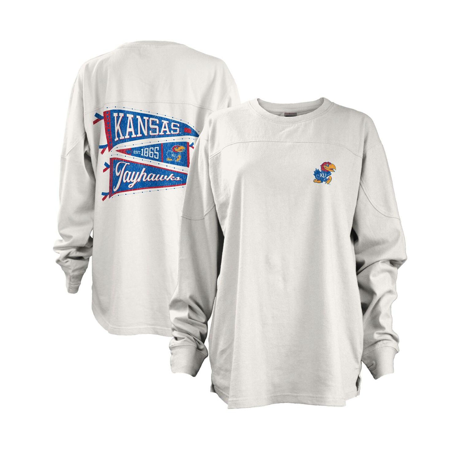 Women's White Kansas Jayhawks Pennant Stack Oversized Long Sleeve T-shirt