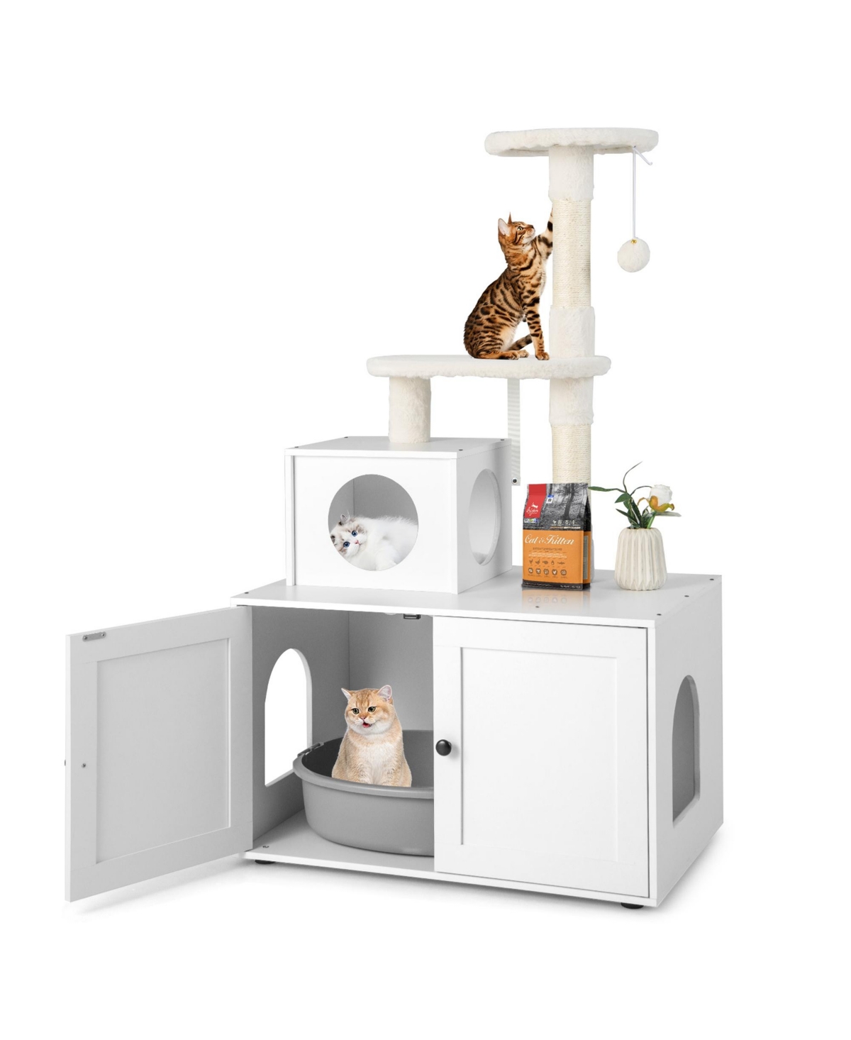 2-in-1 Wooden Litter Box Enclosure with Cat Tree Hidden Washroom Furniture - White