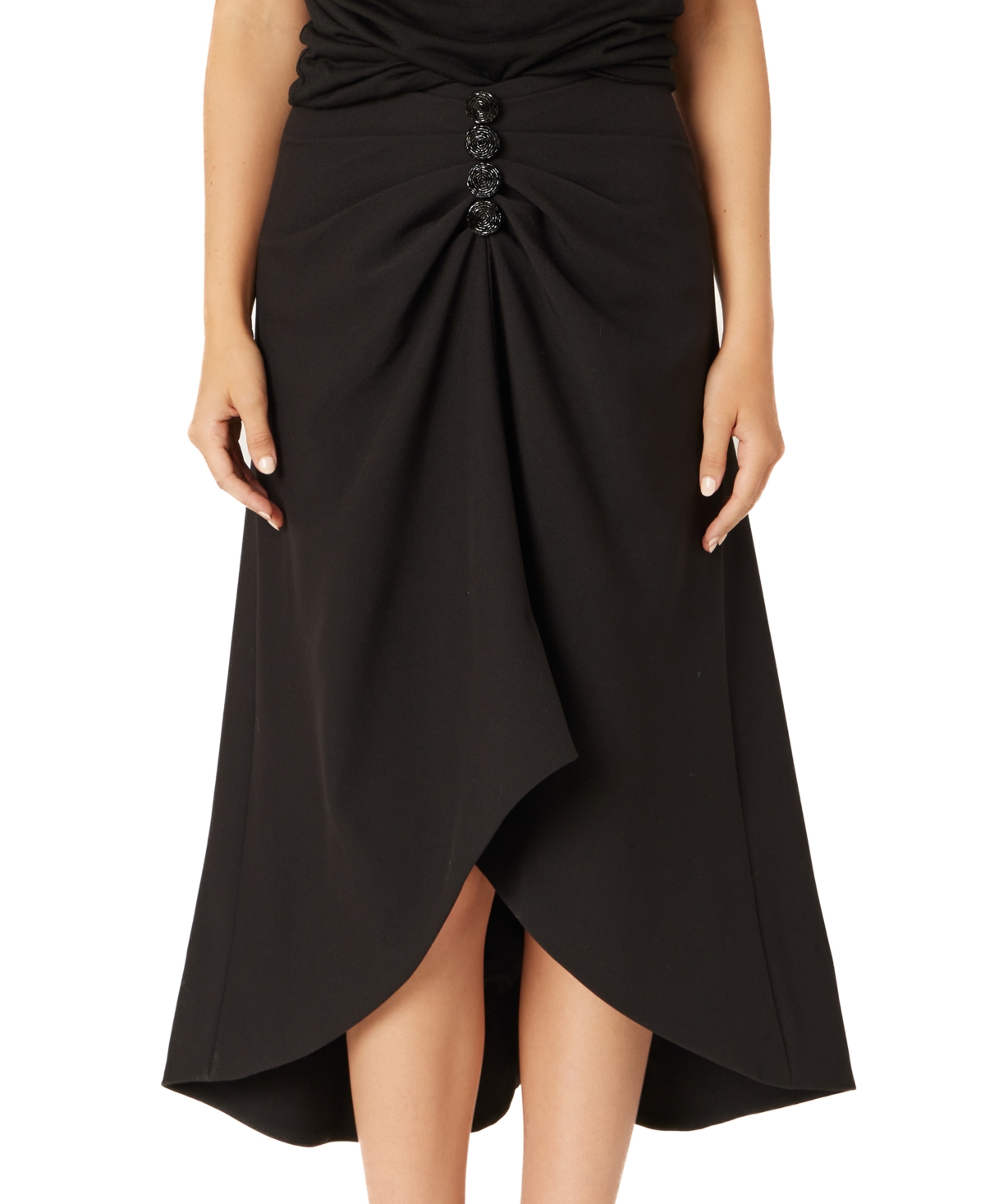 Women's Embellished Gathered High-Low Midi Skirt - Jet Black