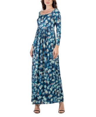Women's Abstract Long Sleeve Pleated Maxi Dress
