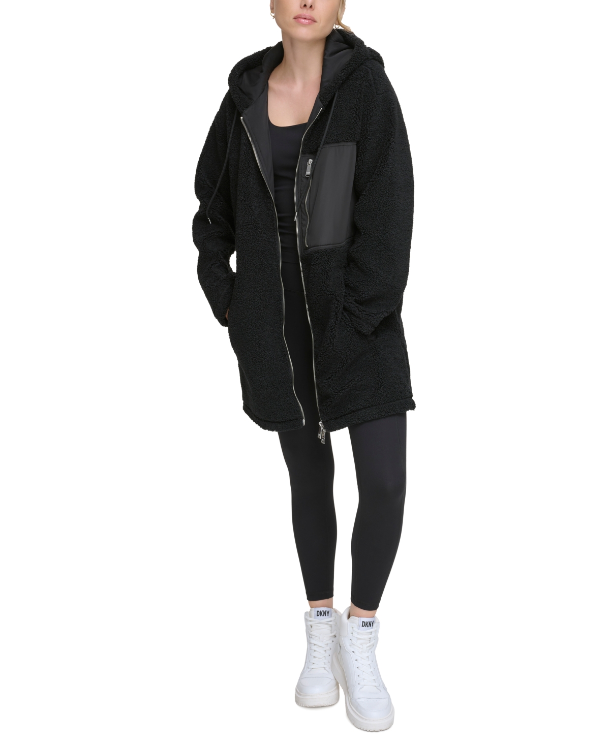 Dkny Sport Women's Longline Hooded Sherpa Hybrid Jacket In Black