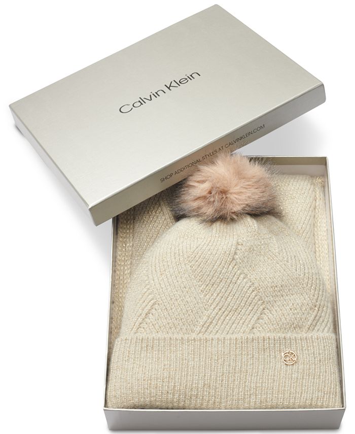 Calvin Klein Women's Pom Pom Beanie & Scarf Boxed Gift Set - Macy's