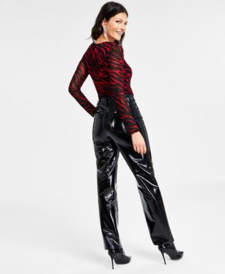 Inc International Concepts Womens Zebra Print Asymmetric Mesh Sleeve Top Patent High Rise Straight Leg Pants Created For Macys In Zori Zebra A