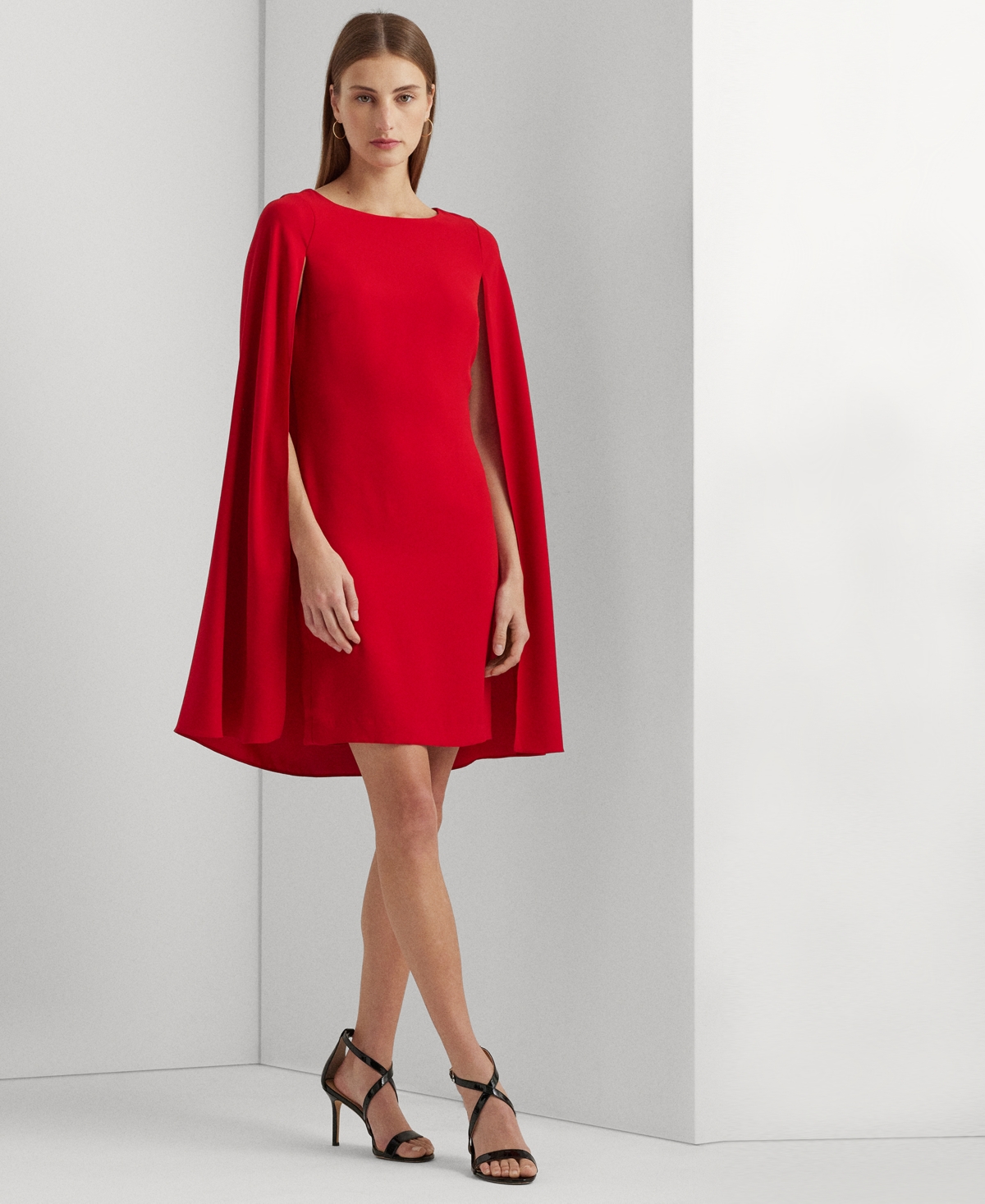 Ralph Lauren Cape Georgette Cocktail Dress In Martin Red