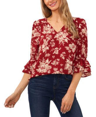 CeCe - Women's V-Neck Ruffled-Cuff 3/4-Sleeve Blouse