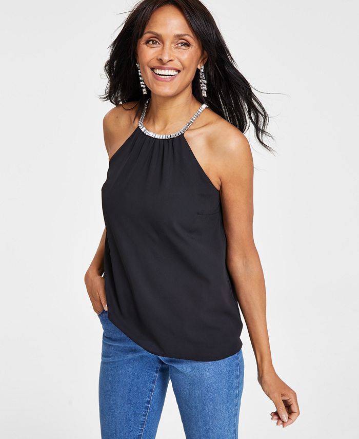 I.N.C. International Concepts Women s Rhinestone Neck Blouse