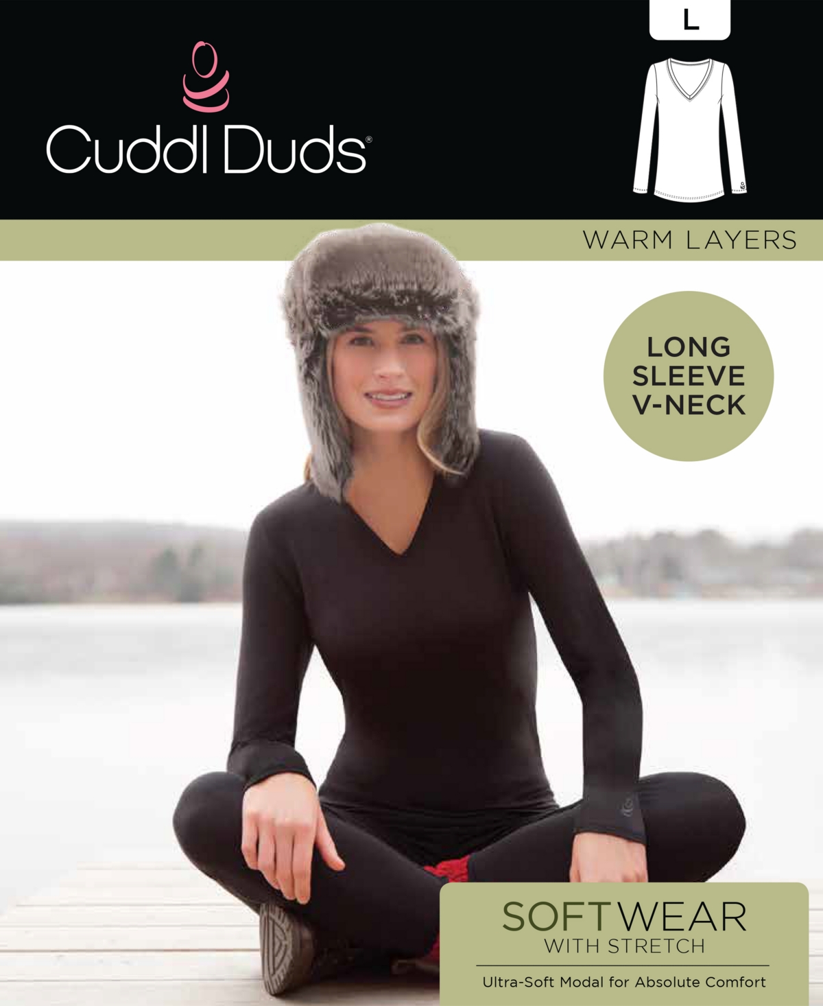Cuddl Duds Women's Softwear Long-Sleeve V-Neck Top - Ivory Buffalo