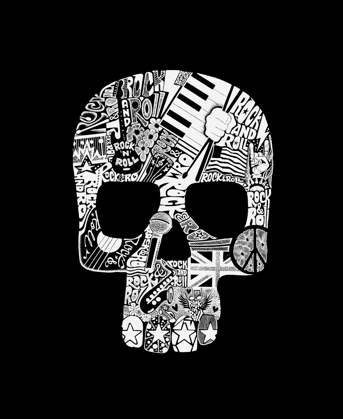La Pop Art Men's Rock N Roll Skull Printed Word Art T-shirt