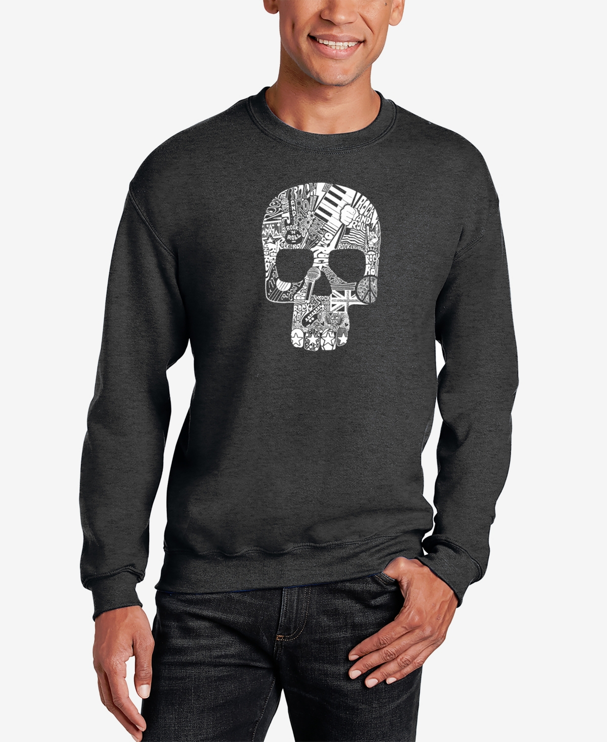 La Pop Art Men's Rock N Roll Skull Word Art Crewneck Sweatshirt