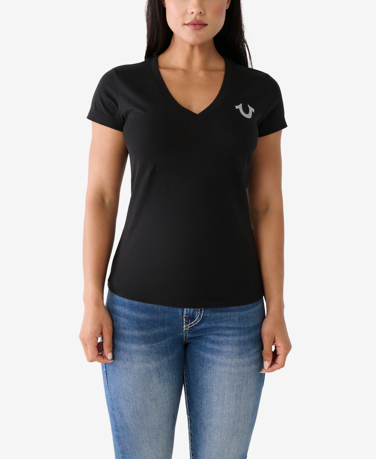 Shop True Religion Women's Short Sleeve Crystal Script Slim V-neck T-shirt In Jet Black