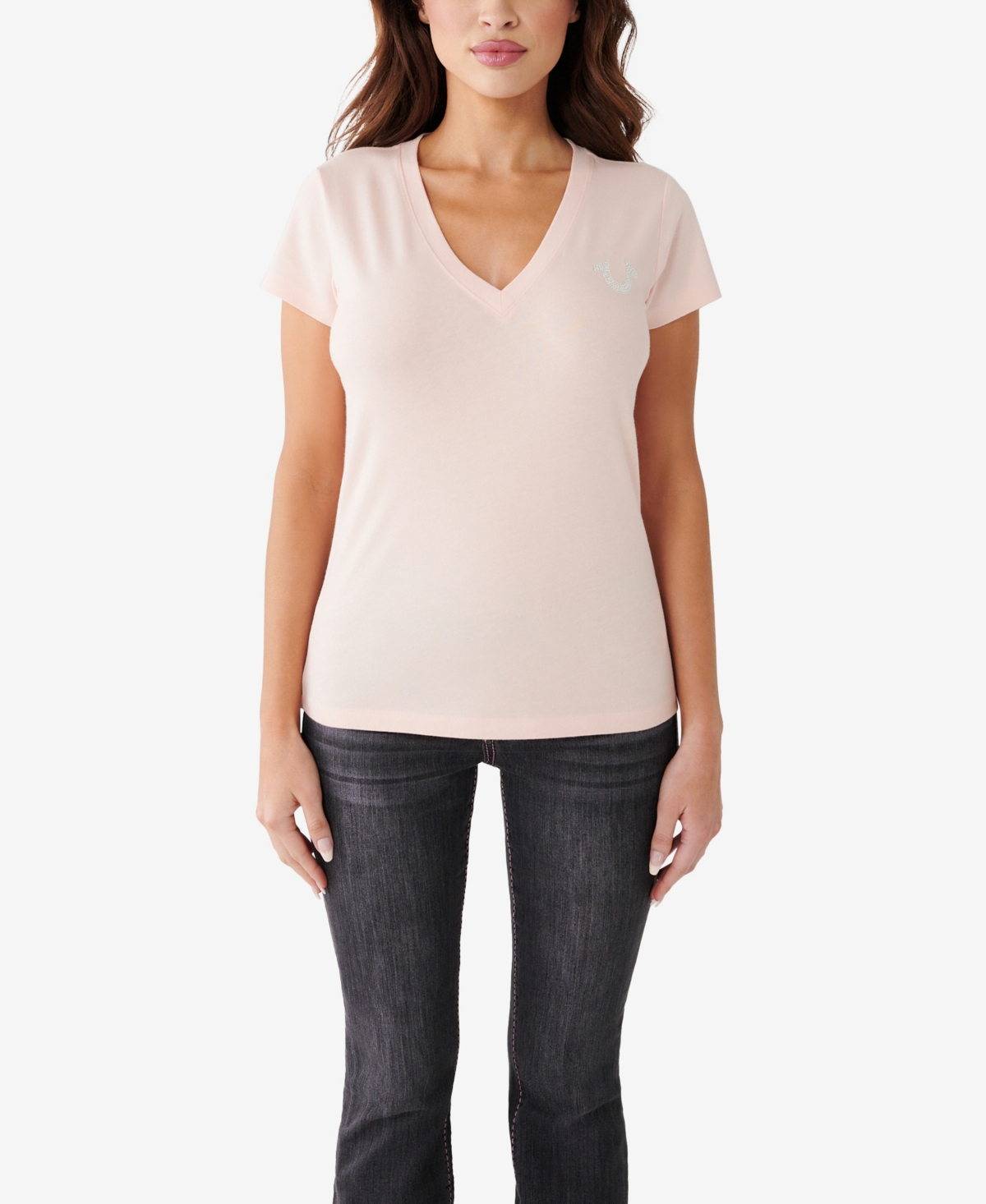 True Religion Women's Short Sleeve Crystal Script Slim V-neck T-shirt In Rose