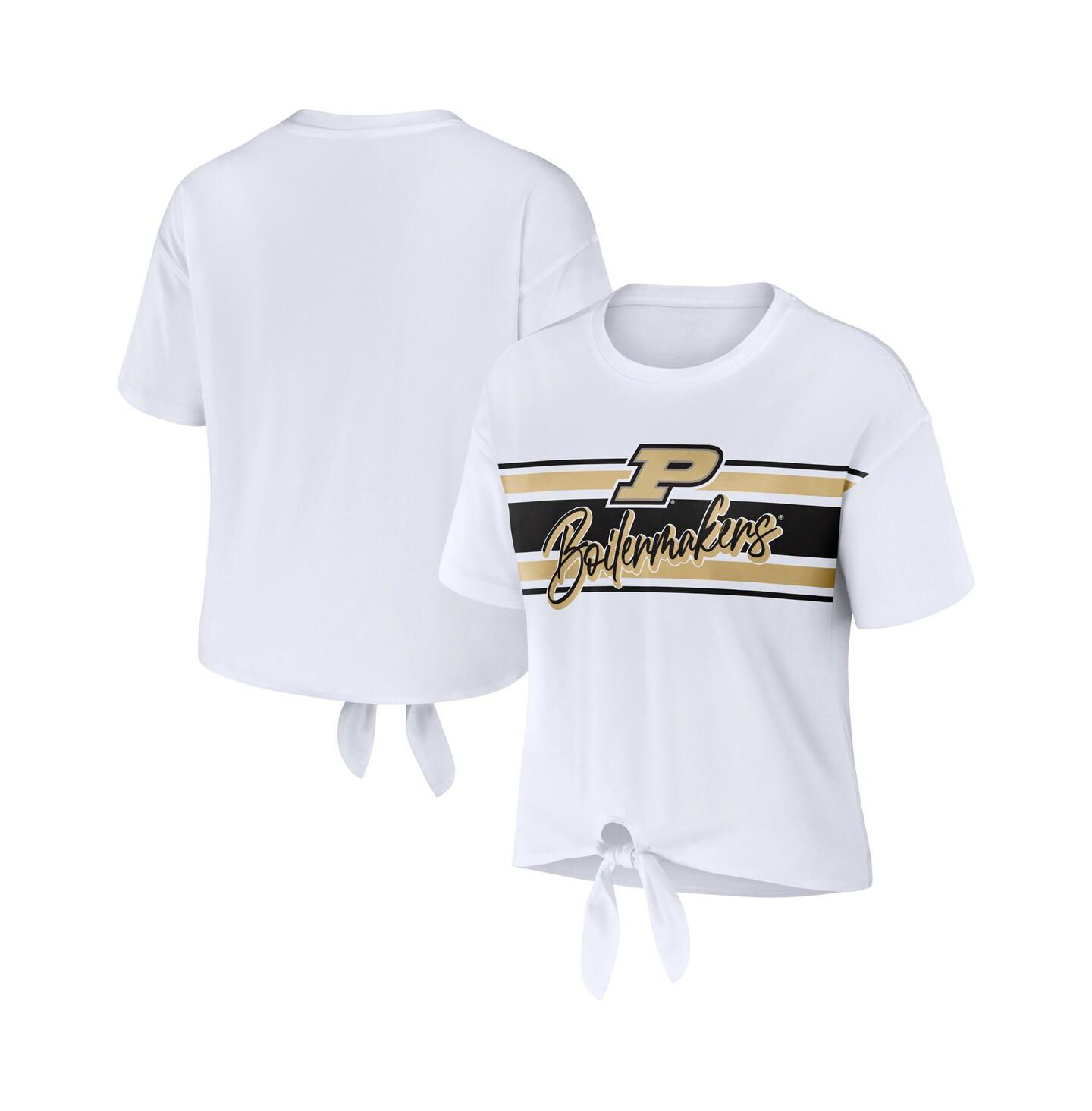 Женская футболка WEAR by Erin Andrews White Purdue Boilermakers Striped Front Knot Cropped — фото 2