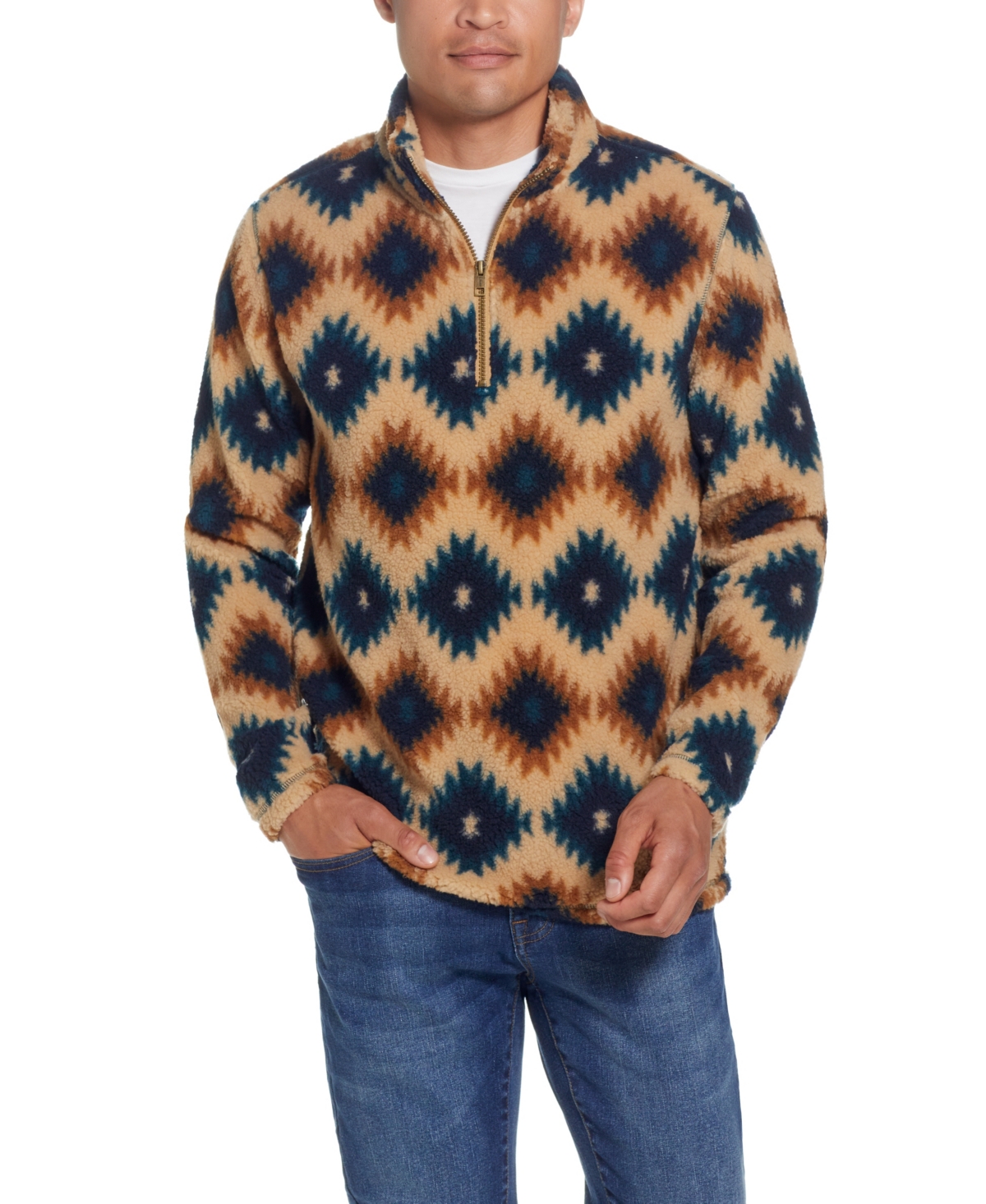 Shop Weatherproof Vintage Men's Southwest Printed Sherpa Quarter-zip Sweater In Cream