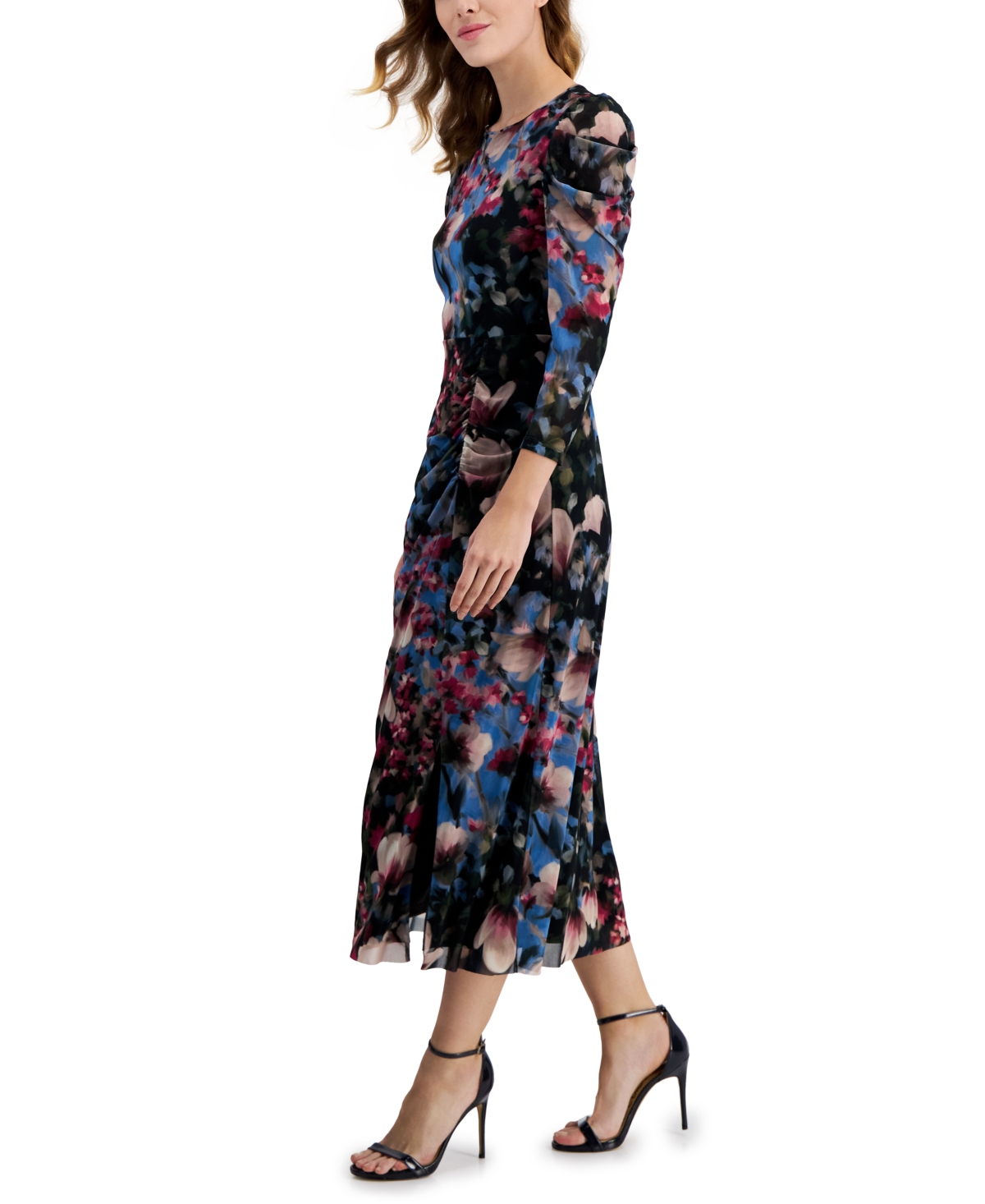 Shop Anne Klein Women's Floral-print Ruched Midi Dress In Black,amaranth Multi