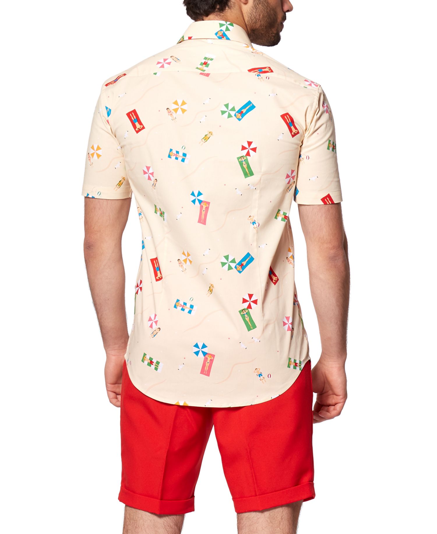 Big & Tall Beach Shirt - Short Sleeved Button Down Dress Shirt - Slim Fit - Beige