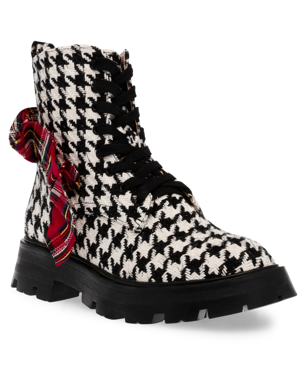 Betsey Johnson Women's Rozey Plaid Combat Boots With Contrast Ruffle In Houndstooth Multi