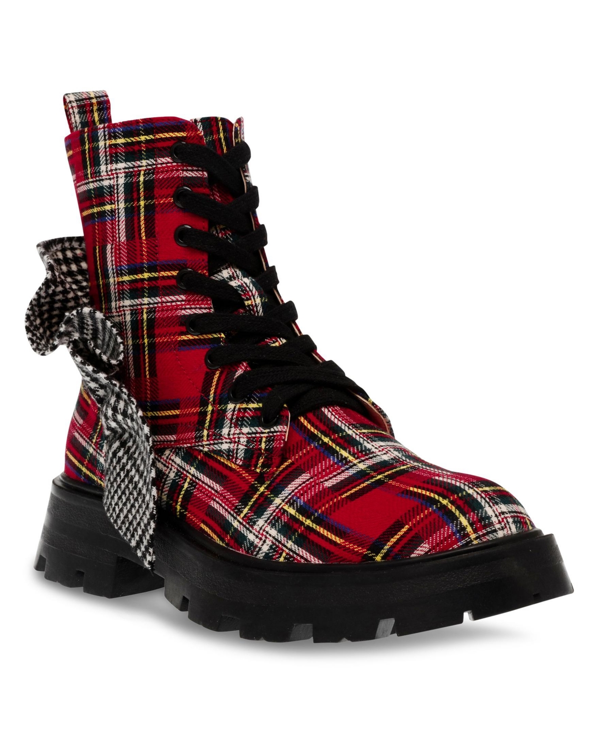 Betsey Johnson Women's Rozey Plaid Combat Boots With Contrast Ruffle In Red Plaid Multi