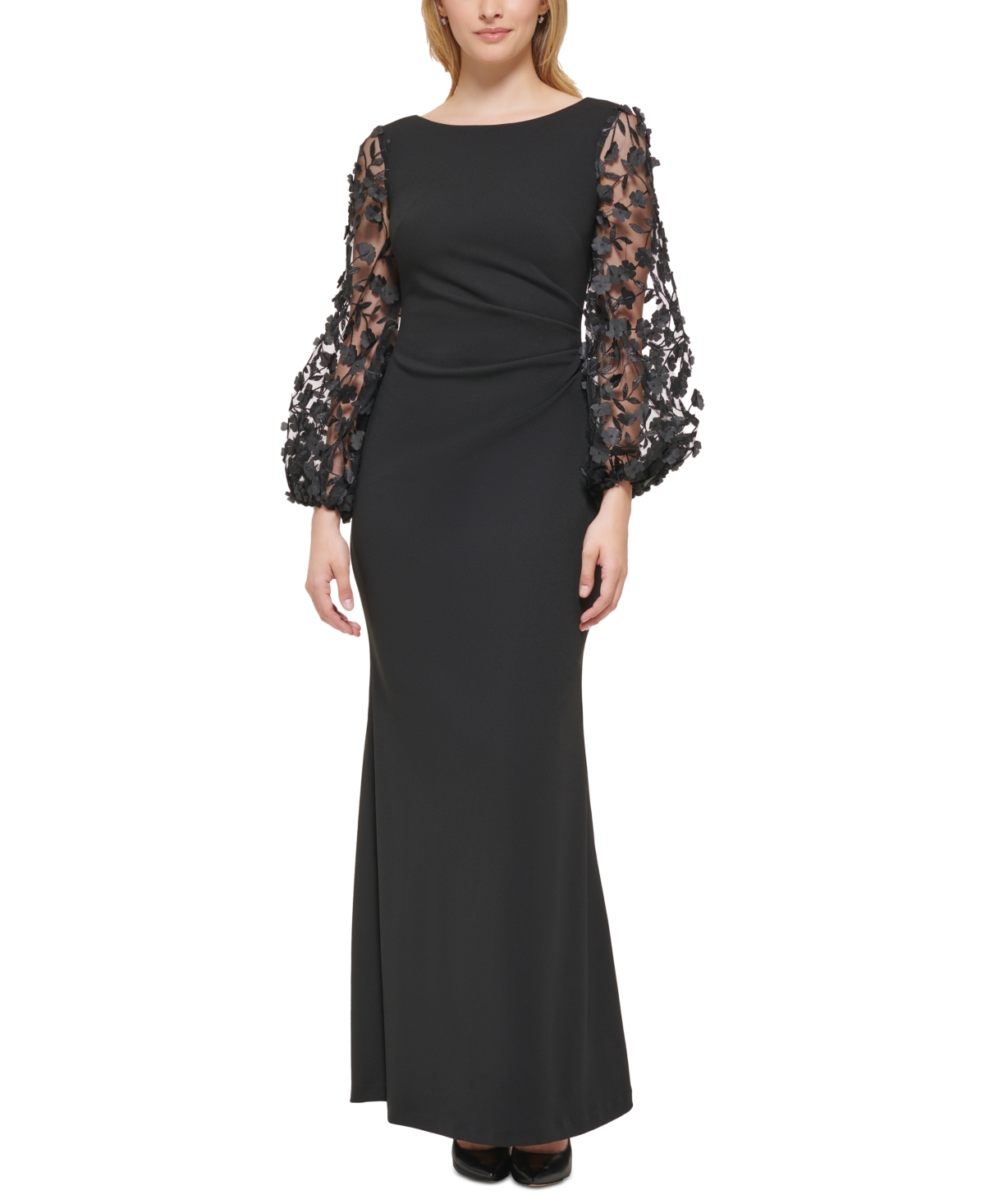 Women's 3D Floral-Sleeve Boat-Neck Gown - Black