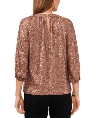 Women's Sequin Keyhole Detail Raglan Sleeve Top