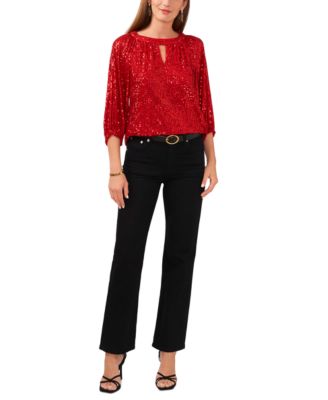 Women's Sequin Keyhole Detail Raglan Sleeve Top