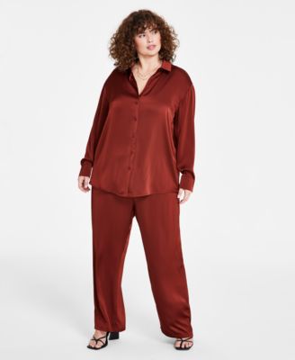 And Now This Now This Trendy Plus Size Satin Button Front Shirt Satin Wide Leg Pants In Sonoma Brick