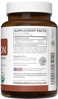 Organic Ceylon Cinnamon Tablets, Cinnamon Supplements for Energy, Heart, and Metabolism Support, Healths Harmony, 120ct