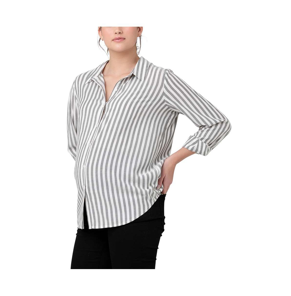 Ripe Maternity Women's Lou Button Up Stripe ShirtWhite - Black / white